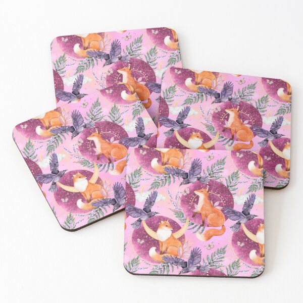 Item preview, Foxes, moon, fern, crow and forest plants on pink. Hand painted watercolor pattern designed and sold by eves_aquadreams.