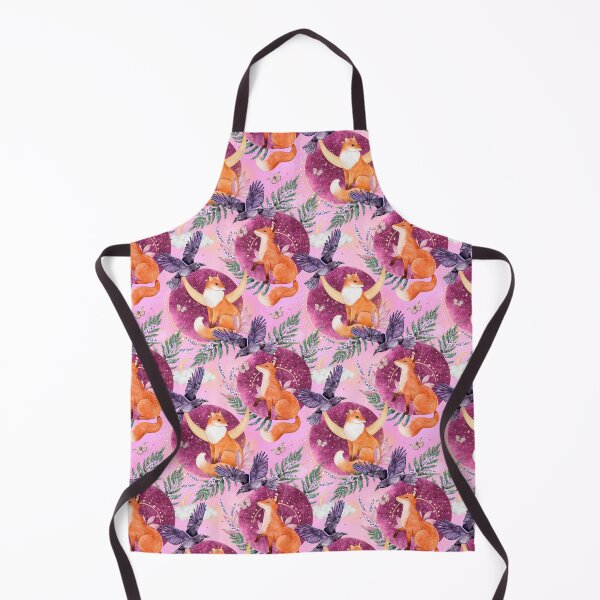 Item preview, Foxes, moon, fern, crow and forest plants on pink. Hand painted watercolor pattern designed and sold by eves_aquadreams.