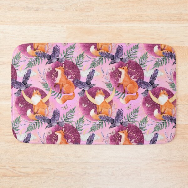 Item preview, Foxes, moon, fern, crow and forest plants on pink. Hand painted watercolor pattern designed and sold by eves_aquadreams.