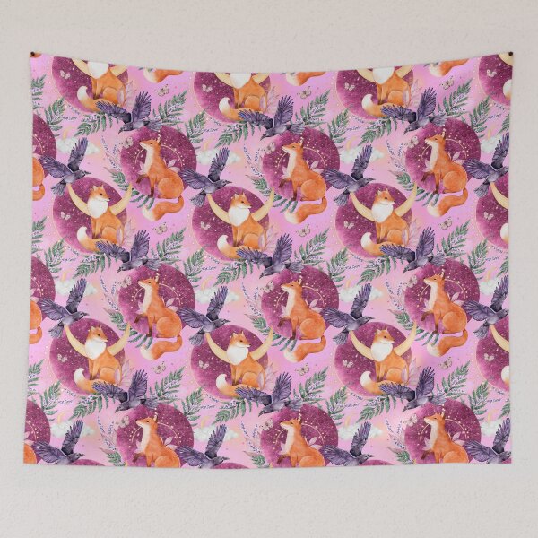Item preview, Foxes, moon, fern, crow and forest plants on pink. Hand painted watercolor pattern designed and sold by eves_aquadreams.