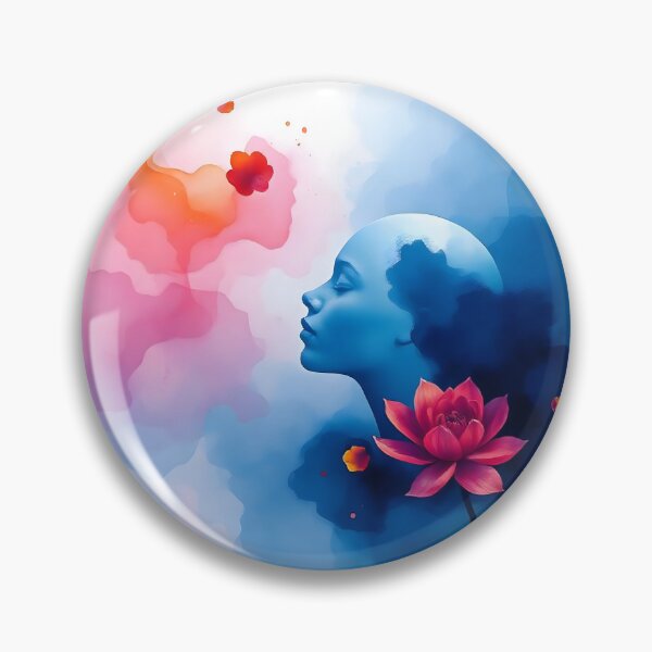 Item preview, A serene human face in vivid blue on an abstract pink and blue watercolor background designed and sold by Beleza e Estilo.