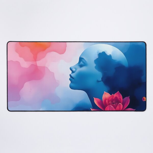 Item preview, A serene human face in vivid blue on an abstract pink and blue watercolor background designed and sold by Beleza e Estilo.