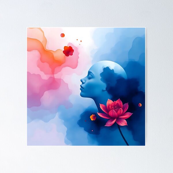 Item preview, A serene human face in vivid blue on an abstract pink and blue watercolor background designed and sold by Beleza e Estilo.