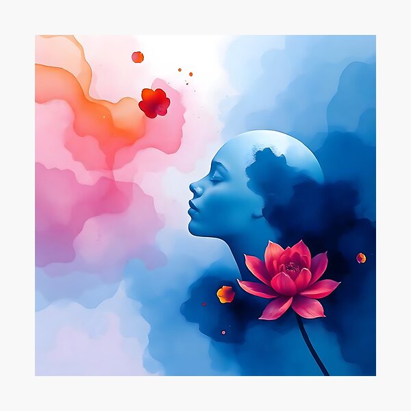 Item preview, A serene human face in vivid blue on an abstract pink and blue watercolor background designed and sold by Beleza e Estilo.