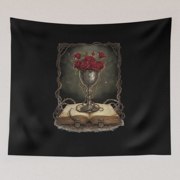 Item preview, Gothic Silver Chalice Roses Open Book Thorns – Dark Fantasy Witch Ritual Art designed and sold by DarkRomanceMom.