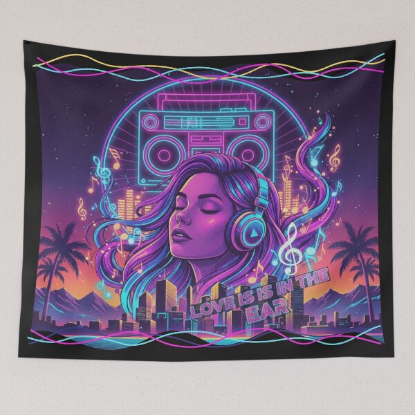 Item preview, Love Is in the Ear – Neon Music Dreamscape | Girl Wearing Headphones designed and sold by MerchYouSearch.