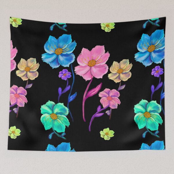 Item preview, Whimsical Botanical Garden Moody Art: multi color black background Hand-Drawn Flower Designs & Gifts designed and sold by Artonmytee.