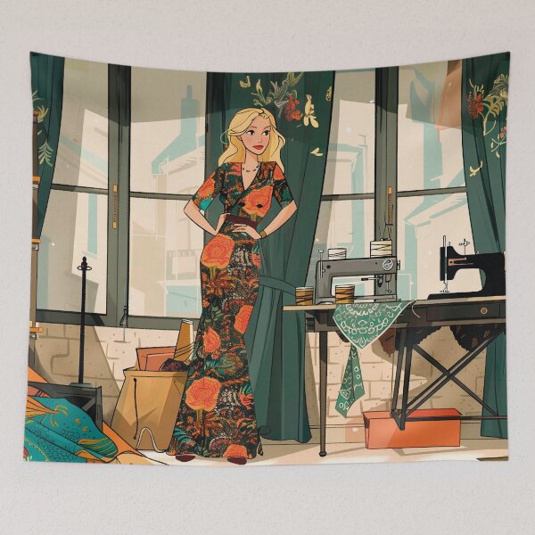 Item preview, Elegant fashion designer in her studio – vintage sewing studio art designed and sold by Mauswohn.