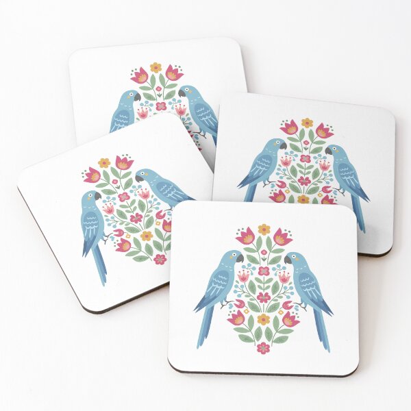 Item preview, Spix Macaw Pair with Floral Motifs – Hope for Wildlife Scandinavian Folk Art by heidiannemorris © designed and sold by FOLK ART FUSION by heidiannemorris.