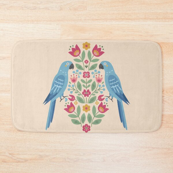 Item preview, Spix Macaw Pair with Floral Motifs – Hope for Wildlife Scandinavian Folk Art by heidiannemorris © designed and sold by FOLK ART FUSION by heidiannemorris.