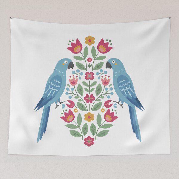 Item preview, Spix Macaw Pair with Floral Motifs – Hope for Wildlife Scandinavian Folk Art by heidiannemorris © designed and sold by FOLK ART FUSION by heidiannemorris.