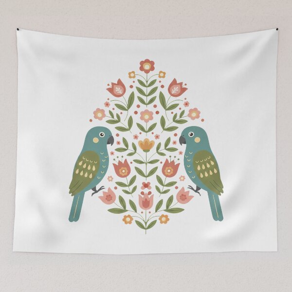Item preview, Kakapo Pair with Floral Motifs – Hope for Wildlife Scandinavian Folk Art by heidiannemorris © designed and sold by FOLK ART FUSION by heidiannemorris.