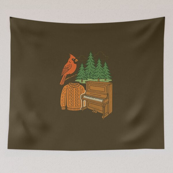 Item preview, Line drawings of a forest, a cardinal, an antique piano, a knitted sweater. designed and sold by Moonshroomarts.