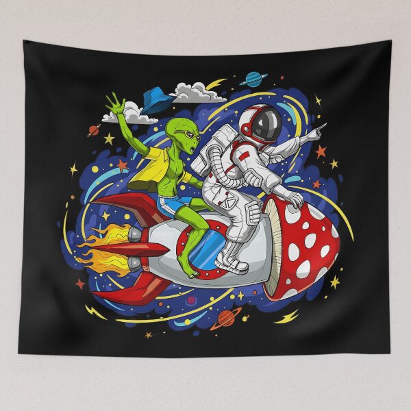Item preview, Astronaut and Alien Riding Mushroom Rocket Space Adventure designed and sold by DrawHandArt.