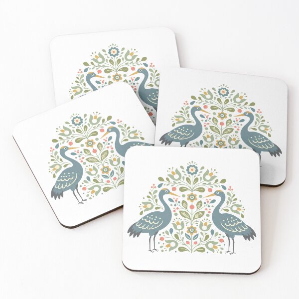 Item preview, Whooping Crane Pair with Floral Motifs – Hope for Wildlife Scandinavian Folk Art by heidiannemorris © designed and sold by FOLK ART FUSION by heidiannemorris.