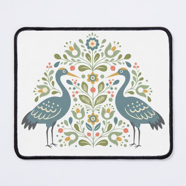 Item preview, Whooping Crane Pair with Floral Motifs – Hope for Wildlife Scandinavian Folk Art by heidiannemorris © designed and sold by FOLK ART FUSION.