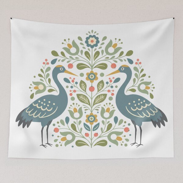 Item preview, Whooping Crane Pair with Floral Motifs – Hope for Wildlife Scandinavian Folk Art by heidiannemorris © designed and sold by FOLK ART FUSION by heidiannemorris.