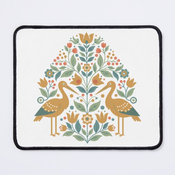 Item preview, Whooping Crane Pair with Floral Motifs – Hope for Wildlife Scandinavian Folk Art by heidiannemorris © designed and sold by FOLK ART FUSION by heidiannemorris.