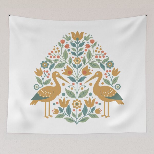 Item preview, Whooping Crane Pair with Floral Motifs – Hope for Wildlife Scandinavian Folk Art by heidiannemorris © designed and sold by FOLK ART FUSION by heidiannemorris.