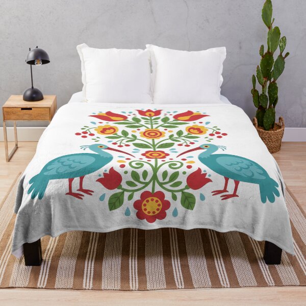 Item preview, Blue Folk Bird Pair with Floral Motifs – Scandinavian Folk Art by heidiannemorris © designed and sold by FOLK ART FUSION by heidiannemorris.