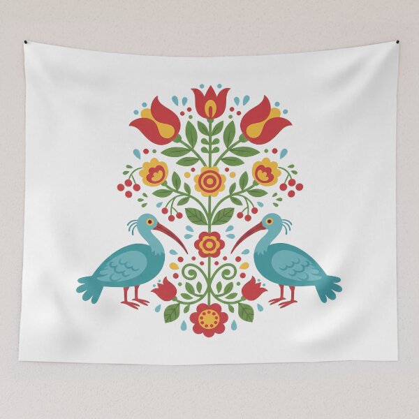 Item preview, Blue Folk Bird Pair with Floral Motifs – Scandinavian Folk Art by heidiannemorris © designed and sold by FOLK ART FUSION.