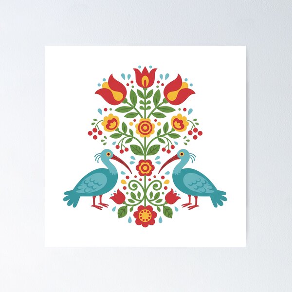 Item preview, Blue Folk Bird Pair with Floral Motifs – Scandinavian Folk Art by heidiannemorris © designed and sold by FOLK ART FUSION.
