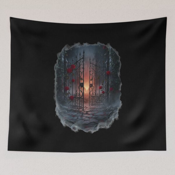 Item preview, Gothic Iron Gate with Red Roses Sunset Path – Dark Fantasy Romance Entrance Art designed and sold by DarkRomanceMom.