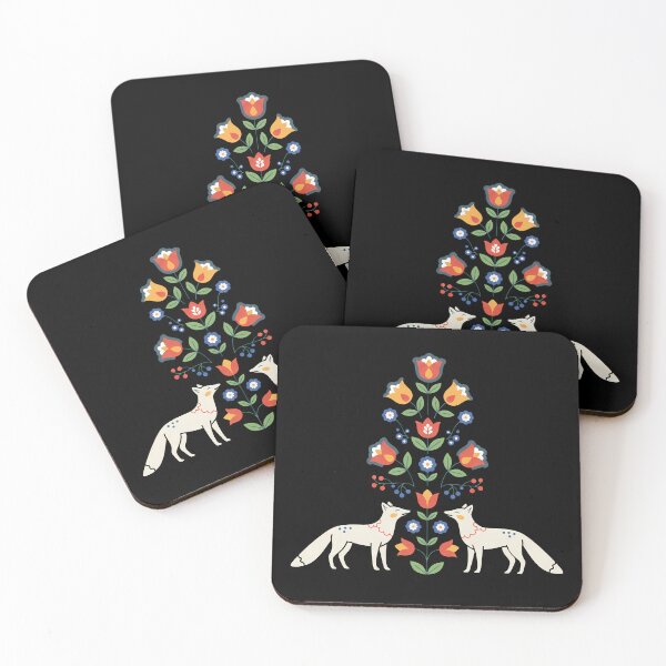 Item preview, Arctic Fox Pair with Floral Motifs – Scandinavian Folk Art by heidiannemorris © designed and sold by FOLK ART FUSION by heidiannemorris.