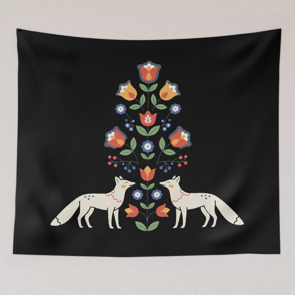 Item preview, Arctic Fox Pair with Floral Motifs – Scandinavian Folk Art by heidiannemorris © designed and sold by FOLK ART FUSION by heidiannemorris.