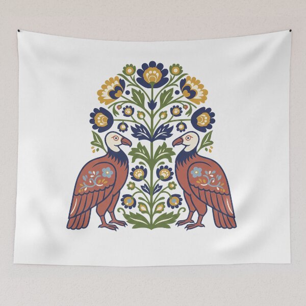 Item preview, California Condor Pair with Floral Motifs – Hope for Wildlife Scandinavian Folk Art by heidiannemorris © designed and sold by FOLK ART FUSION by heidiannemorris.