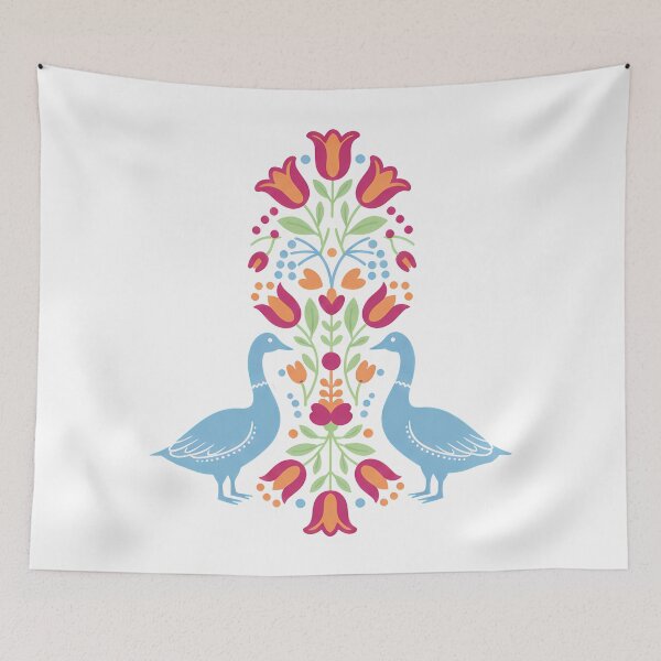 Item preview, Blue Goose Pair with Floral Motifs – Scandinavian Folk Art by heidiannemorris © designed and sold by FOLK ART FUSION by heidiannemorris.