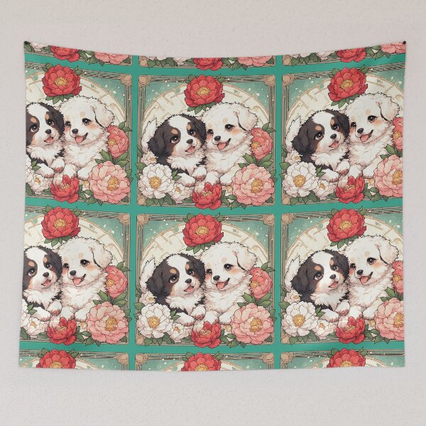 Item preview, Tibetan Terrier puppies among peony flowers. designed and sold by Natalia-Vlad.