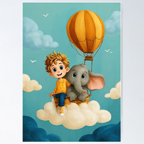 Item preview, Boy and Elephant Flying in Hot Air Balloon designed and sold by Piotrek0001.