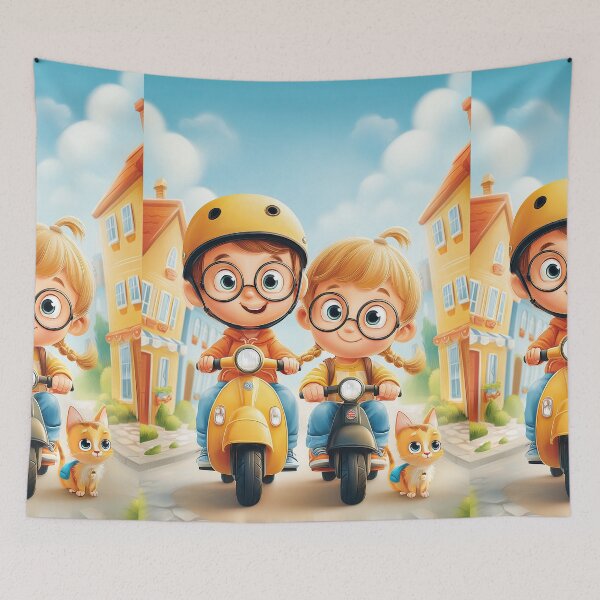 Item preview, Two Kids Riding Yellow Scooter with Dog designed and sold by Piotrek0001.