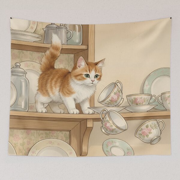 Item preview, Mischievous Kitten in Cupboard Whimsical Cottagecore Art designed and sold by MAGICKEY2024.