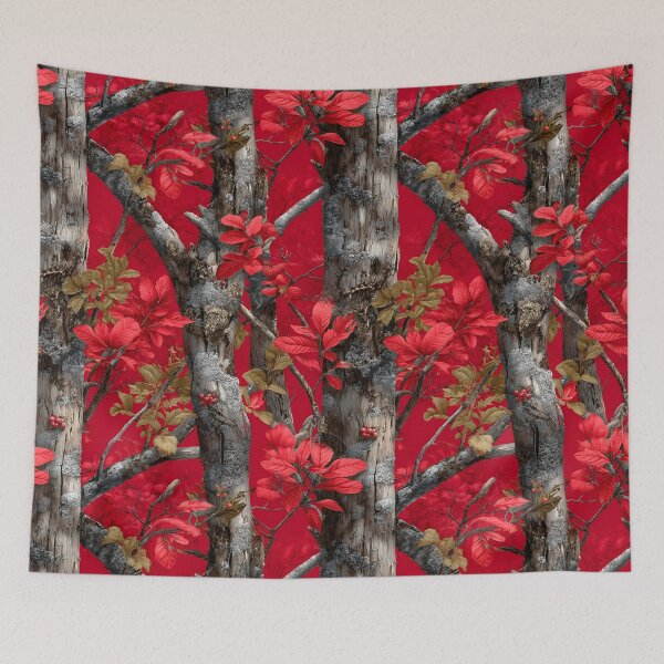 Item preview, Deep Red Camouflage Forest Art with Bark Texture, Red Leaves and Natural Real Tree designed and sold by meganohm.