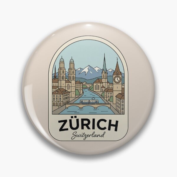Item preview, Zurich Switzerland Vintage Travel Badge Cityscape with Alps and Tram designed and sold by InvestingRoad.