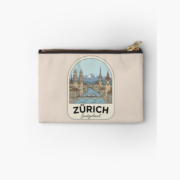 Item preview, Zurich Switzerland Vintage Travel Badge Cityscape with Alps and Tram designed and sold by InvestingRoad.