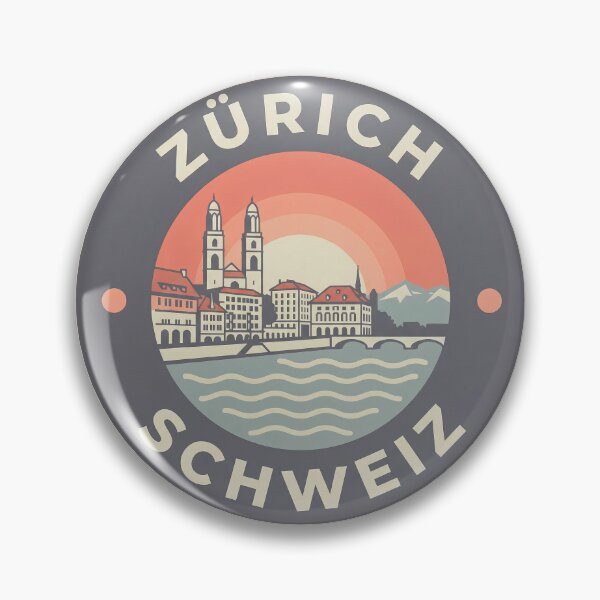 Item preview, Zurich Switzerland Vintage Travel Badge Cityscape with Alps and Tram designed and sold by InvestingRoad.