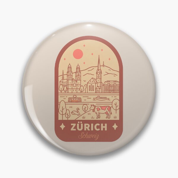 Item preview, Zurich Switzerland Vintage Travel Badge Cityscape with Alps and Tram designed and sold by InvestingRoad.