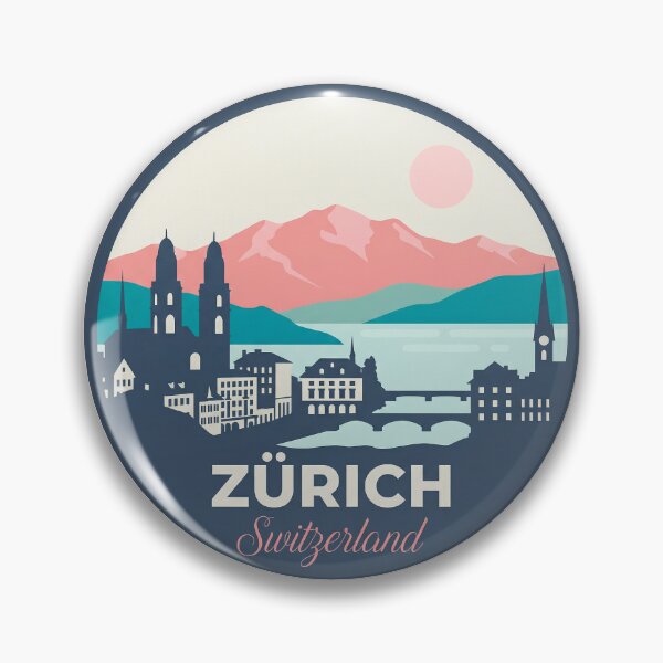 Item preview, Zurich Switzerland Vintage Travel Badge Cityscape with Alps and Tram designed and sold by InvestingRoad.