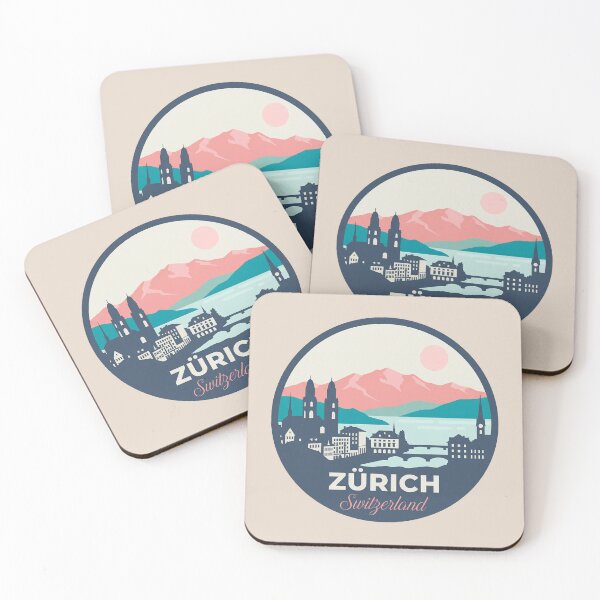 Item preview, Zurich Switzerland Vintage Travel Badge Cityscape with Alps and Tram designed and sold by InvestingRoad.