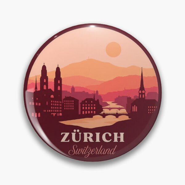 Item preview, Zurich Switzerland Vintage Travel Badge Cityscape with Alps and Tram designed and sold by InvestingRoad.
