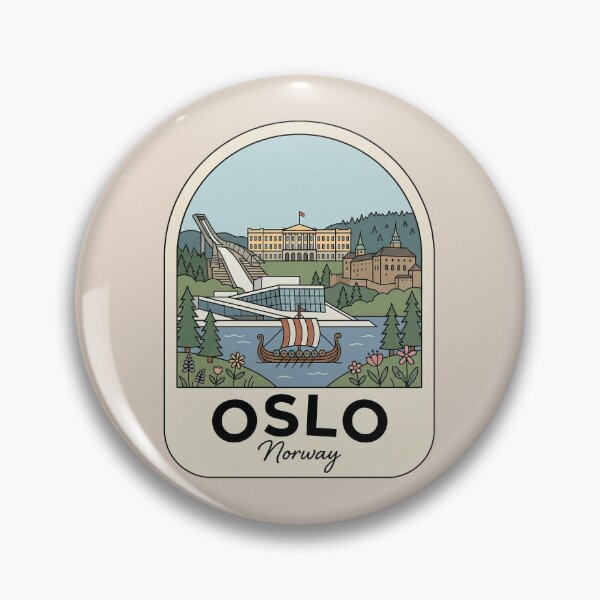 Item preview, Oslo Norway Travel Badge with Viking Ship and City Landmarks designed and sold by InvestingRoad.