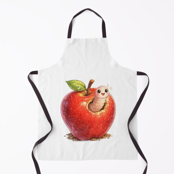 Aperçu de l'œuvre Un adorable ver dans une pomme – Illustration kawaii à l'ambiance drôle et réconfortante créée et vendue par Paws-nd-Prints.