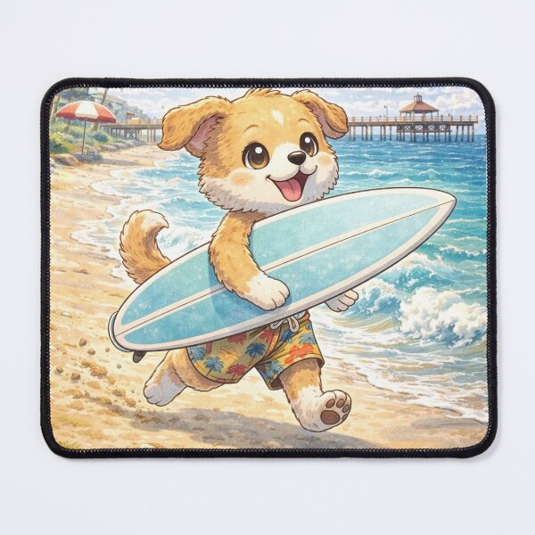Item preview, Redondo Beach Surf Dog – Kawaii California Beach Dog with Surfboard Art designed and sold by Paws-nd-Prints.