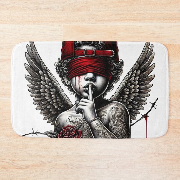 Item preview, Blindfolded Goth Angel Street Art Illustration Tattoo Cherub with Wings, Silence Finger, Dark Urban Art designed and sold by jimbo7664.