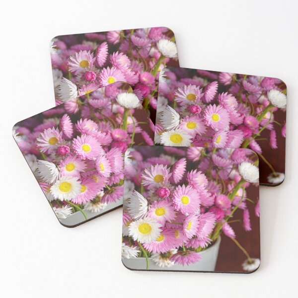 Item preview, Bouquet of pink and white everlasting flowers in a vase against dark background designed and sold by jaynerushton.