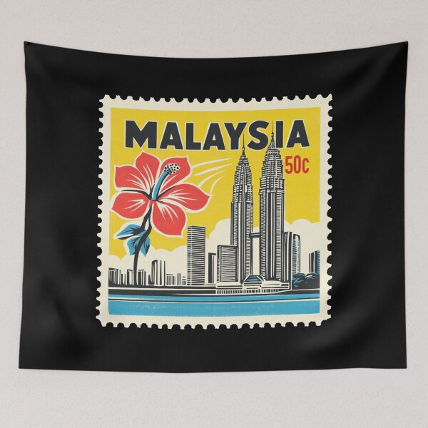 Item preview, Vintage Malaysia Postage Stamp Art - Petronas Towers & Hibiscus designed and sold by tiigerdad.