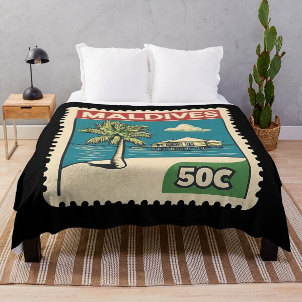 Item preview, Vintage Maldives Postage Stamp Art - Overwater Villa & Palm designed and sold by tiigerdad.